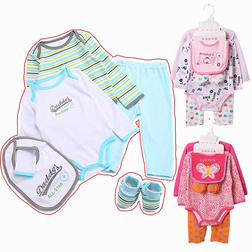 Baby Clothes Set 5PCS Long Sleeve Baby Bodysuits + Pants + Bibs + Shose
